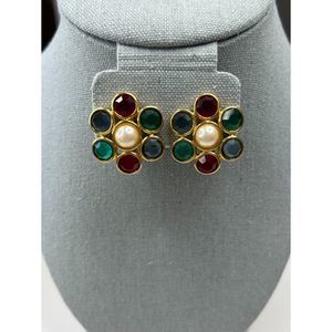 Vintage Monet Multicolored Flower Earrings Clip Ons Gold Tone